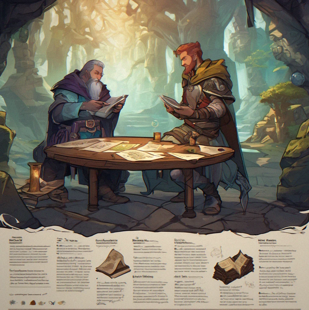 Dungeon master sitting at a table with player feedback scrolls and artifact balance notes spread out