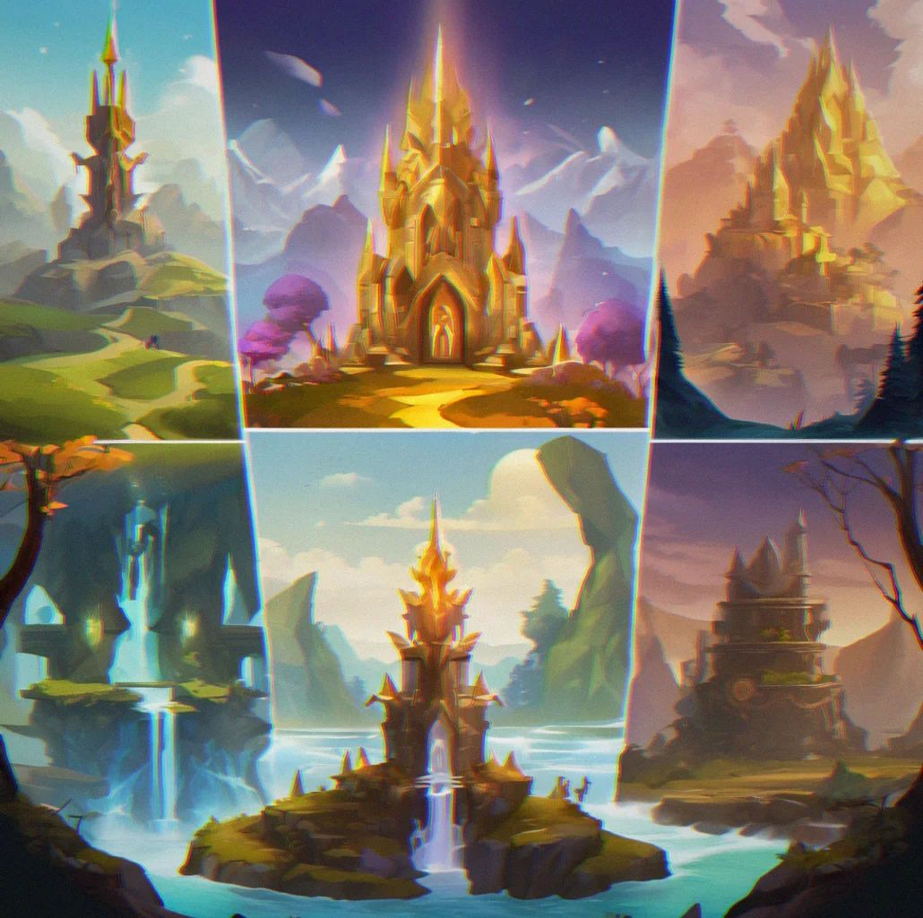 Four artifact pieces displayed side-by-side showing cklor gradients from common gray to mythic gold rarity