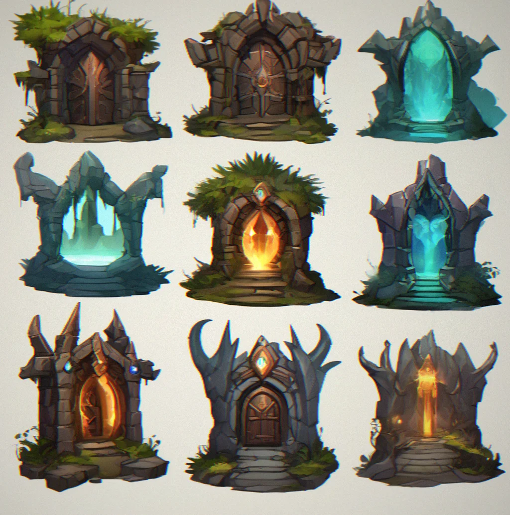 Four dungeon entrance portals labeled by difficulty with increasing visual intensity and enemy silhouettes