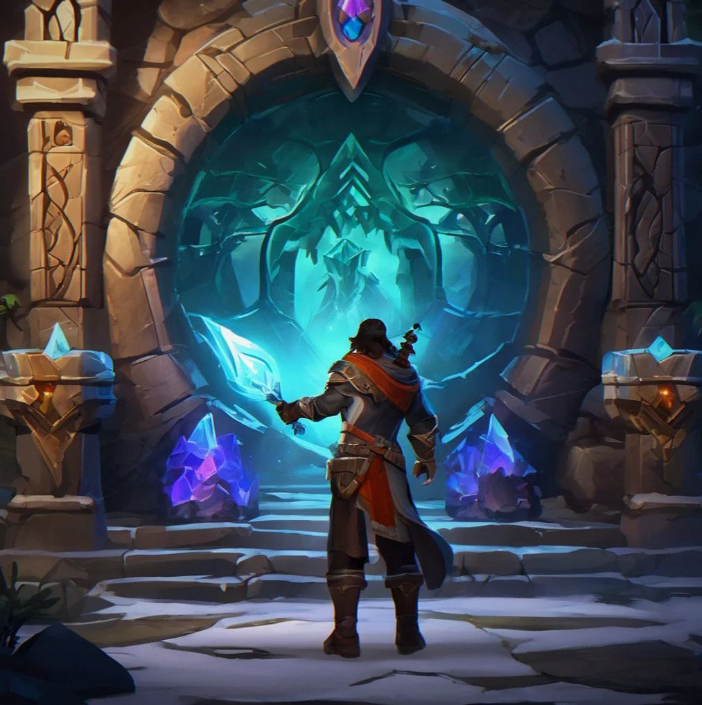 Character entering a dungeon portal with no cooldown meter or timer visible on the interface