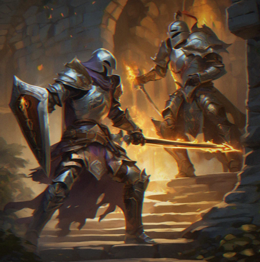 Paladin in plate armor blocking a sweeping attack from a skeletal knight in a torch-lit crypt