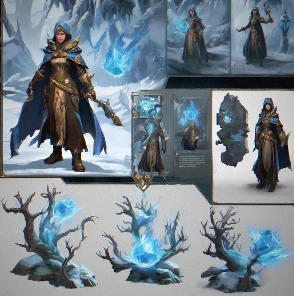 Mage casting a frozen nova spell, freezing three rushing enemies mid-charge