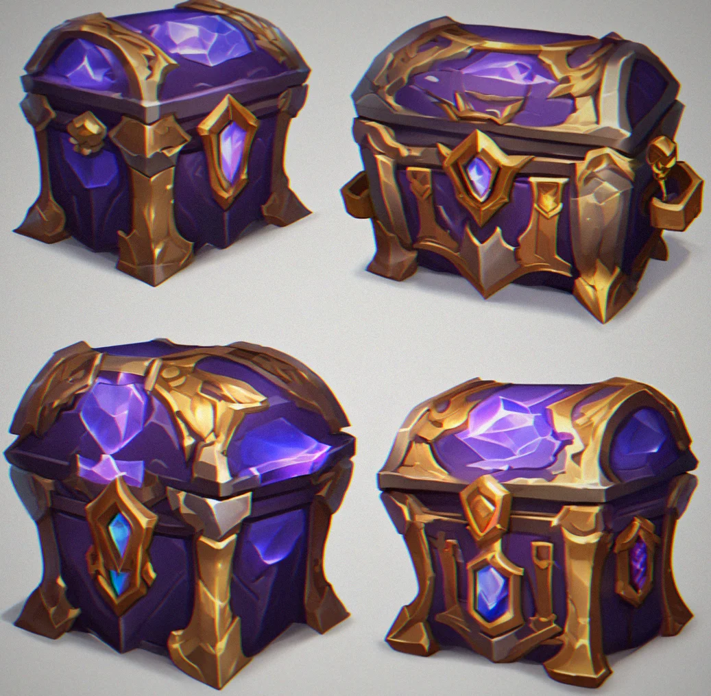 Open loot chest glowing violet with a legendary staff visible inside, surrounded by gold coins