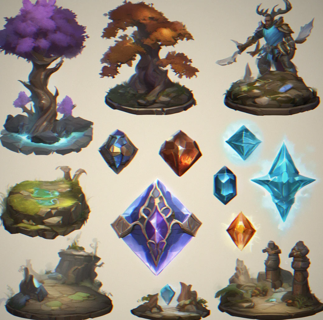 Three artifact pieces laid out—common, rare and mythic—with their rarity colors and stat values visible