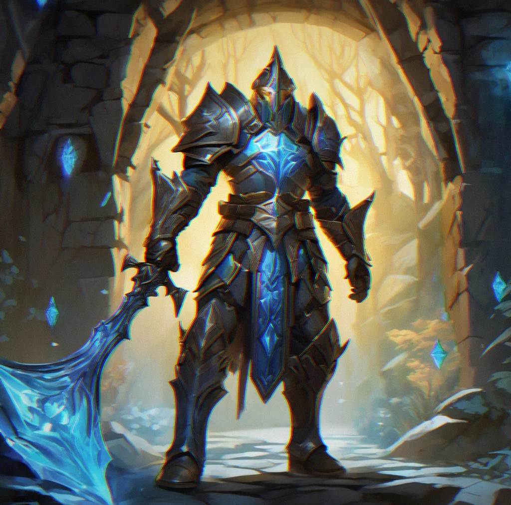 Paladin in heavy armor blocking multiple enemy attacks in a narrow dungeon corridor lit by blue crystal veins