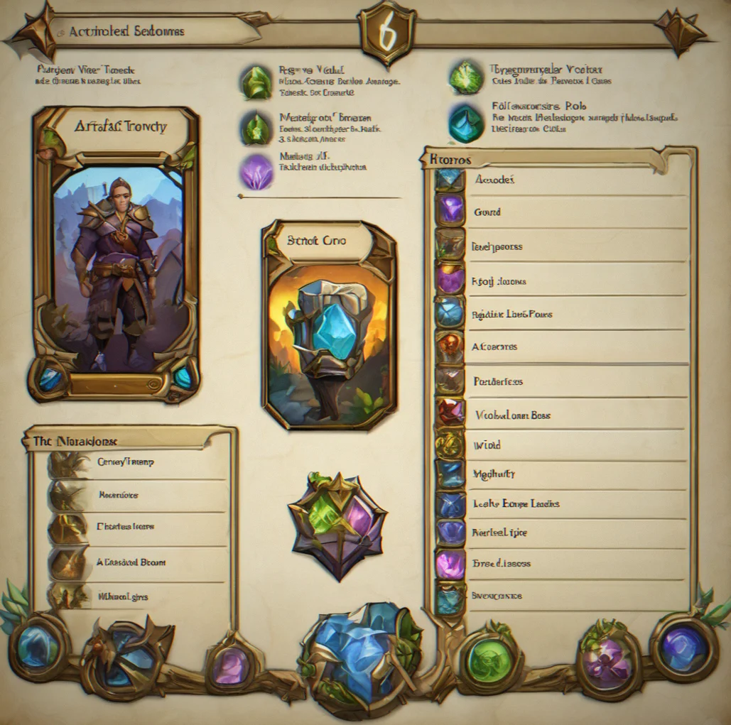 Character inventory screen showing six artifact drops including two rare pieces and one legendary staff glowing violet