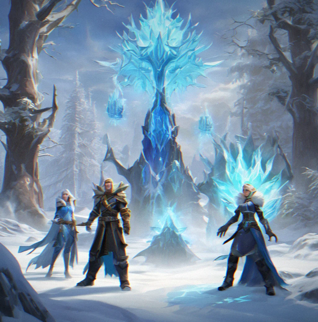 Mage casting area-of-effect frost nova With three enemies frozen mid-attack and damage numbers floating above them
