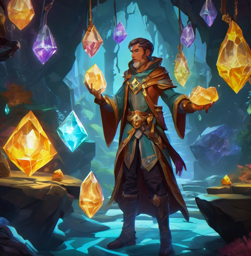 Mage surrounded by glowing artifacts dropping in a crystal dungeon chamber